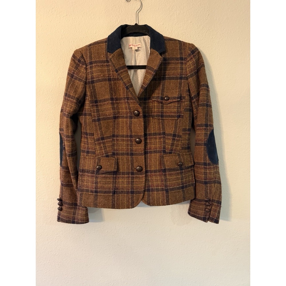 Brooks Brothers Red Fleece Brown Navy Plaid Wool Mohair Blazer Jacket Size 4